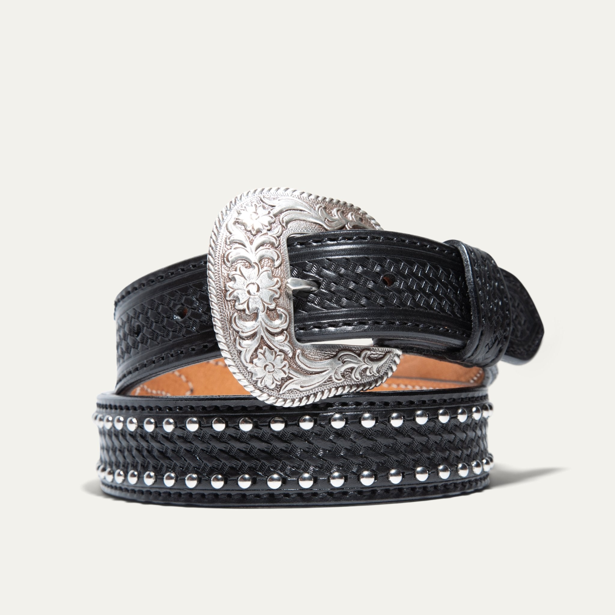 HAND - TOOLED BASKETWEAVE NAIL HEAD BELT - Will Leather Goods